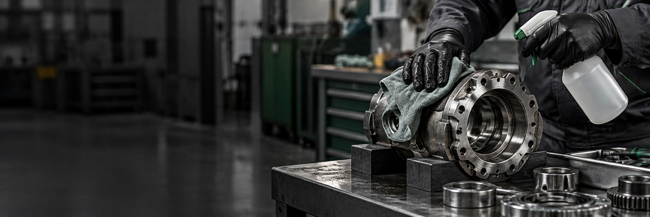Limpieza industrial con guantes y pulverizador